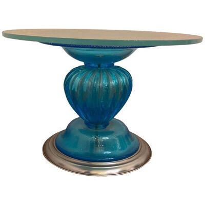1980s Italian Venetian Blue and Silver Murano Glass Style Coffee Table