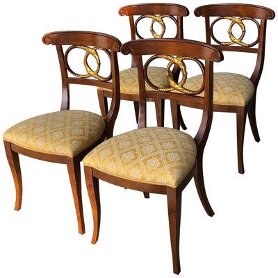 Lot of 4 Chairs with carved snakes in beech wood 