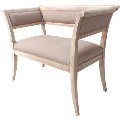 Bench in beige lacquered beech wood with anti-aging and padded 