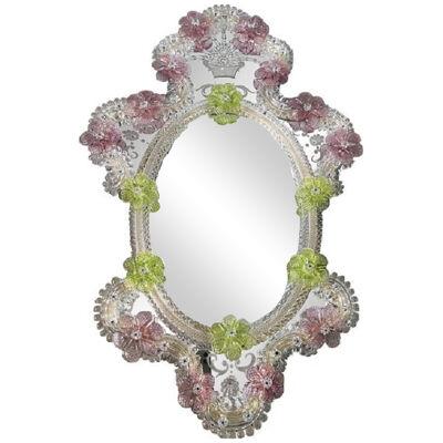 Oval Green and Pink Floreal Hand-Carving Mirror in Murano Glass Style