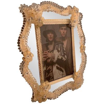 Transparent and gold Murano glass photo frame with flowers