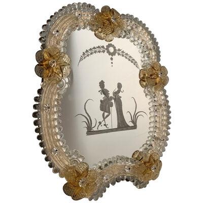 Transparent and gold Murano glass mirror frame with flowers and hand engraved