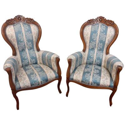 Luigi Philippe style armchairs in maple wood upholstered with damask-blue