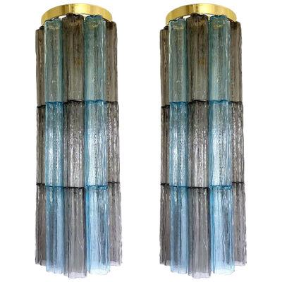Set of 2 Contemporary Grey and Light-Blue "Tronchi" Murano Glass Wall Sconce