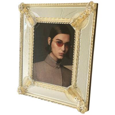 Transparent and gold Murano glass photo mirror frame with flowers 
