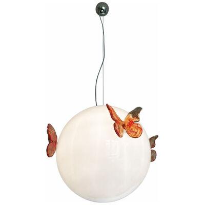 Contemporary white and red butterfly Sphere Pendant in Murano Glass by Simoeng