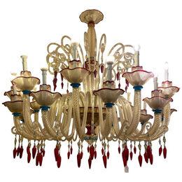 1970s Italian Chandelier Style Murano Glass Multicolors With Flowers