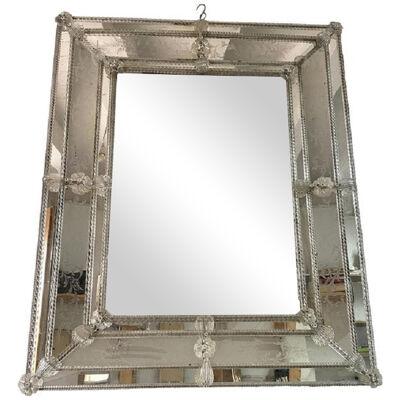 Venetian Rectangular Floreal Hand-Carving Wall Mirror in Murano Glass Style
