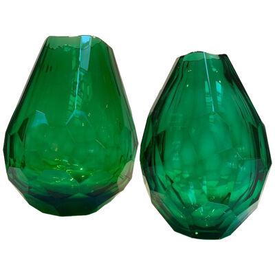 Impressive and rare italian green cristal handmade cut vases