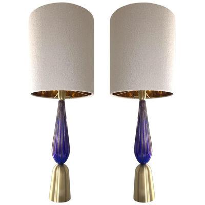 Blu and gold Murano Glass Table Lamps With Bouclé Lampshde by SimoEng