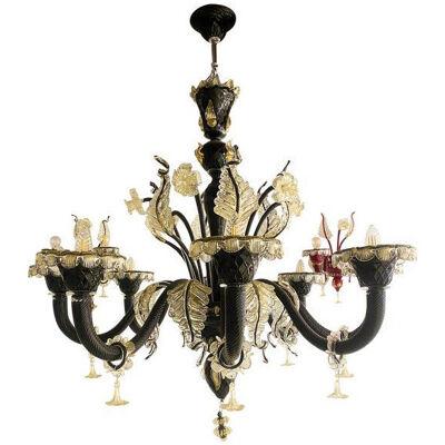 2000s Venetian Black and Gold-Leaf Murano Glass Chandelier With Flowers 