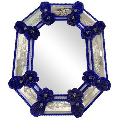 Venetian Octagonal Blue Floreal Hand-Carving Mirror in Murano Glass Style