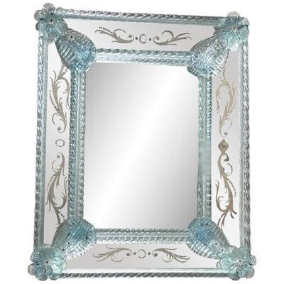 Venetian Rectangular Light-Blue Floreal Hand-Carving Mirror 