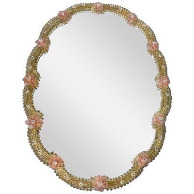 Venetian Oval Gold and Pink Floreal Hand-Carving Mirror in Murano Glass Style