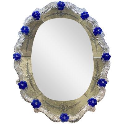 Venetian Oval Floreal Hand-Carving Mirror in Murano Glass