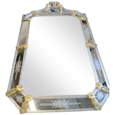 Venetian Rectangular Floreal Hand-Carving Wall Mirror in Murano Glass Style