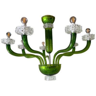 Contemporary Green Murano Glass Chandelier With Trasparent Rostrato Boubeches