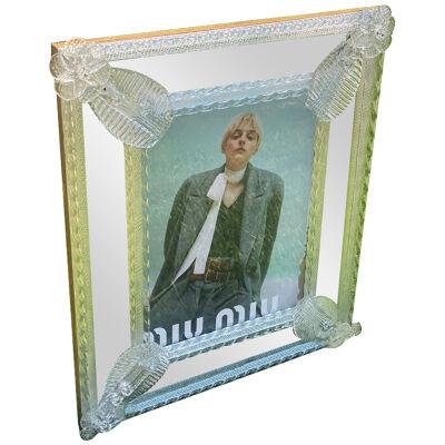 Transparent Murano glass photo frame with flowers and hand engraved no mirror 