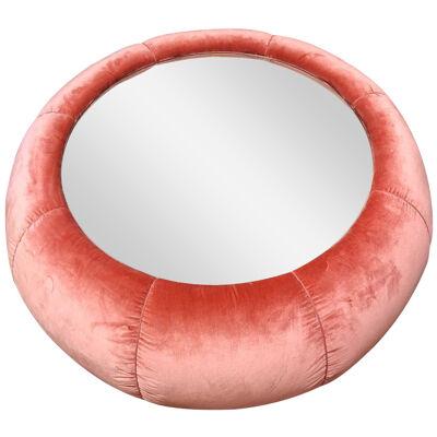 Pink silk velvet pouff with solid poplar wood structure and mirror 