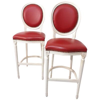 A Pair Late 20th Century Luigi 16 Style Ivory and Padded Bordeaux Stools