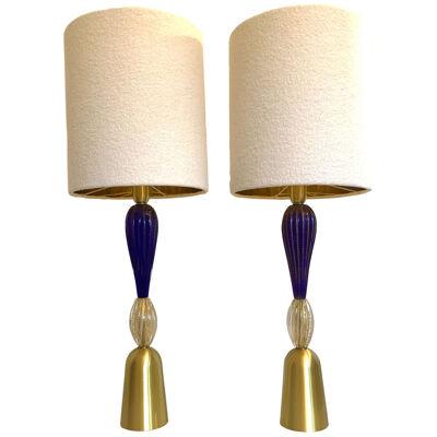 Blue and trasparent-gold Murano Glass Table Lamps With Bouclé Lampshde SimoEng