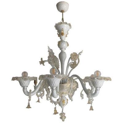 Milky and Gold Murano Glass Chandelier With Flowers and Leaves