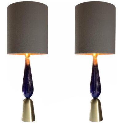 Lot of 2 Gold and  Blue Murano Glass Table Lamp