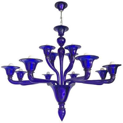 Contemporary Blue Murano Attributed Glass Chandelier