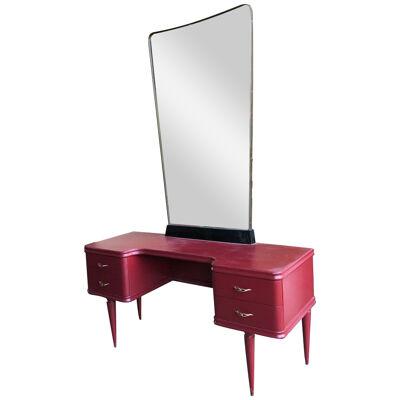 Console with 50s mirror in burgundy wood with handles and brass mirror structure