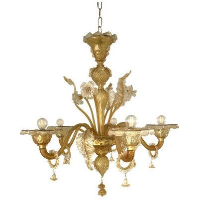 Venetian Transparent and Amber Murano Style Glass Chandelier With Flowers 