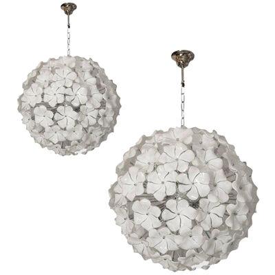 White Lotus Murano Glass Sputnik Chandelier , lot of 2 or a pair of chandeliers