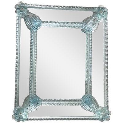 Rectangular Light-Blue Floreal Hand-Carving Mirror in Murano Glass Style