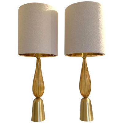Amber and Gold Murano Glass Table Lamps With Bouclé Lampshde by SimoEng
