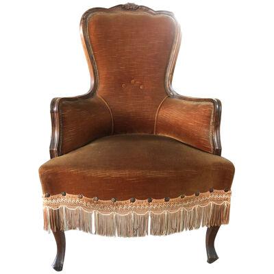 Armchair in 800 style in walnut with velvet "Dralon" bronze color 