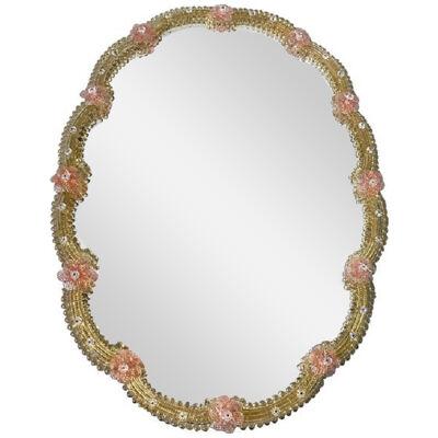  Venetian Oval Gold and Pink Floreal Hand-Carving Mirror in Murano Glass Style