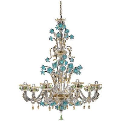 Early 21st Century Venetian Turquoise Floral Murano Glass Chandelier