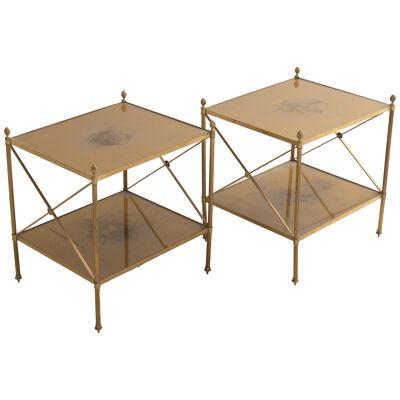 Pair of French Maison Jansen Style Brass Side Tables with Gold Eglomise Shelves