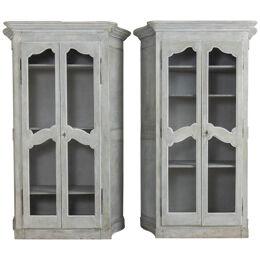 19th c. Pair of French Painted Armoire Cabinets with Serpentine Sides