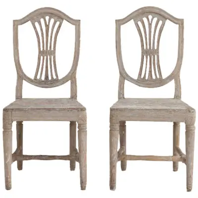 18th c. Pair of Swedish Gustavian Period Shield Back Chairs in Original Paint
