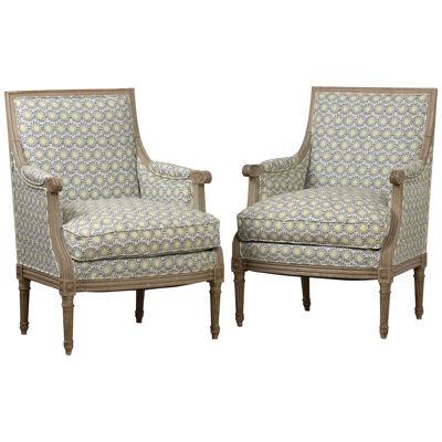 19th c. French Pair of Louis XVI Bergère Chairs in Original Paint