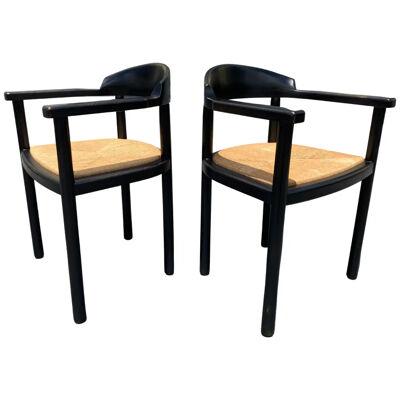 Pair of Ebonized Wood Arm Chairs with Rush Seats, 1960s