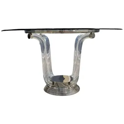 French Designer Table, Lucite, Stainless Steel, Nickel