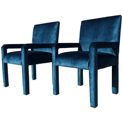 Pair of Mid-Century Modern Parson Chairs, Lagoon Blue Velvet