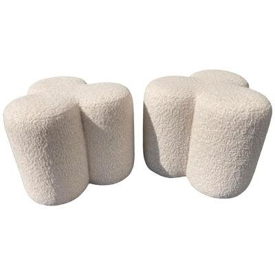 Pair of Modern Stools Ottomans, Ivory Boucle Fabric