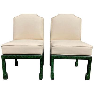 Pair of Faux Malachite Side Chairs, Hollywood Regency, Ming Style