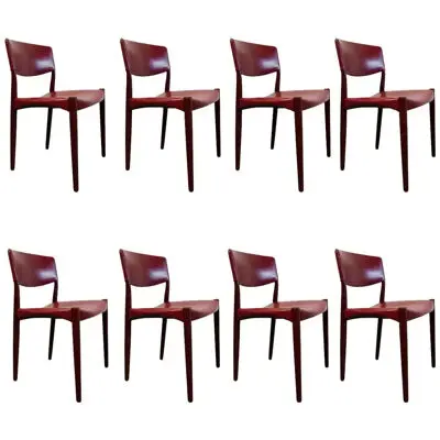 Eight Dining Chairs by Ejner Larsen & Aksel Bender Madsen Red Leather Teak Brown