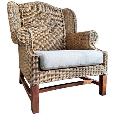 Mid Century Wicker and Sea Grass Wingback Armchair