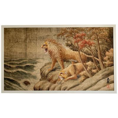Antique Meiji Embroidered Lions Wall Hanging