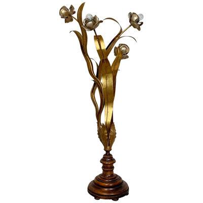 French Gilt Flower Floor Lamp with Turned Wooden Base circa 1960's