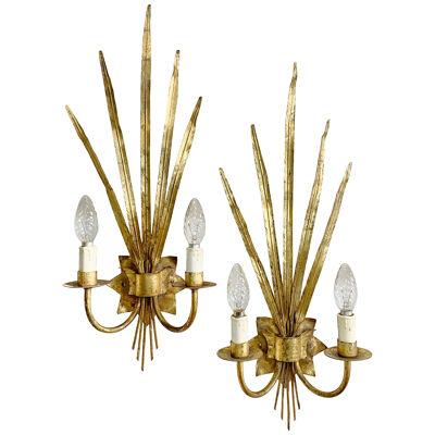 Pair Of Very Large 1950'S Gold Reed Leaf Wall Lights By Ferro Art